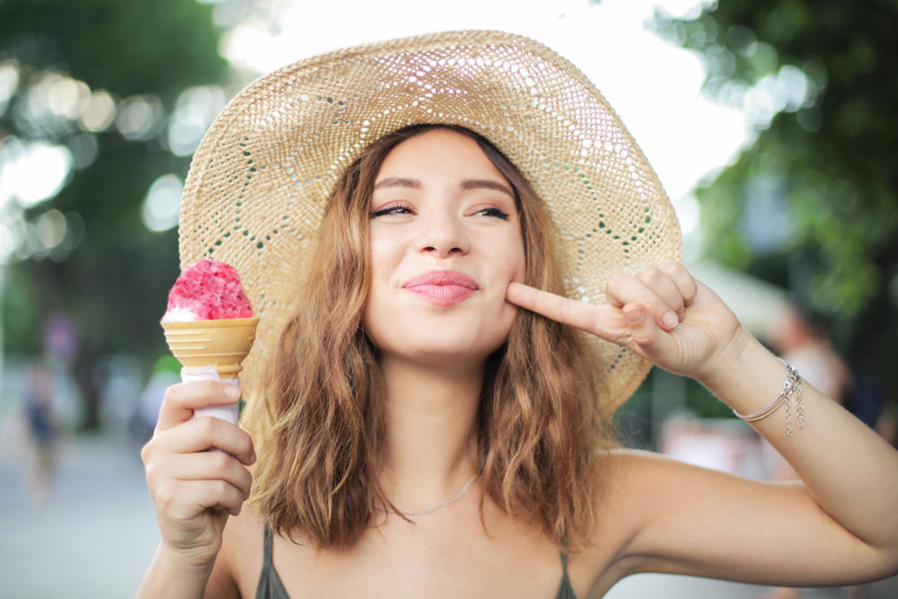 Девојка, сладолед, лето, капа